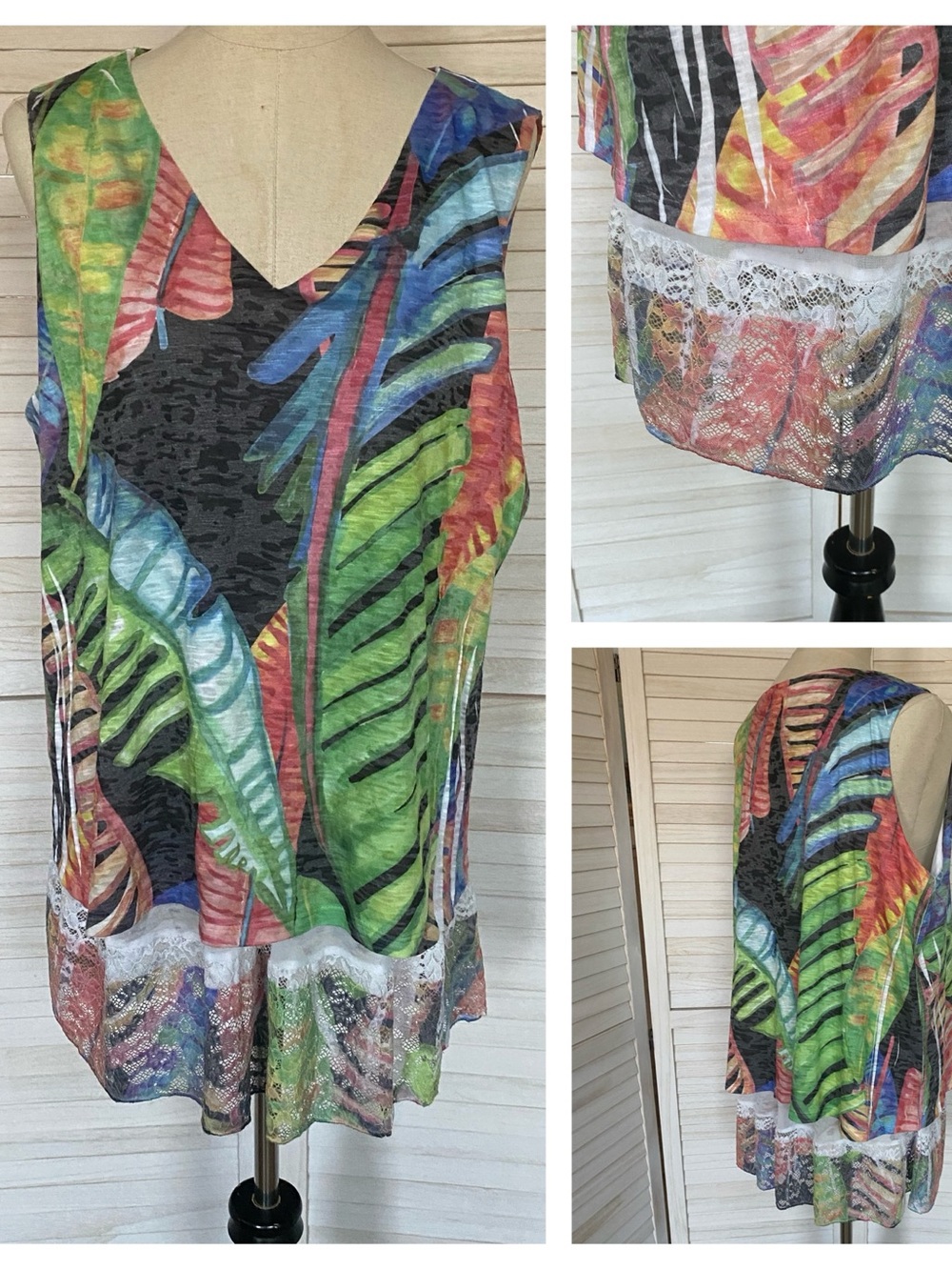 Impulse California Sleeveless V-Neck Tropical Leaf Print Tunic With Lace Trim SZ